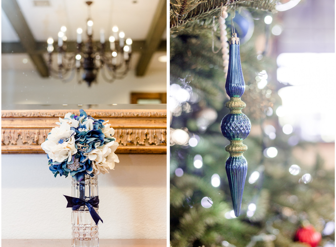 Details from a blue vintage themed Christmas wedding: bouquet and ornament
