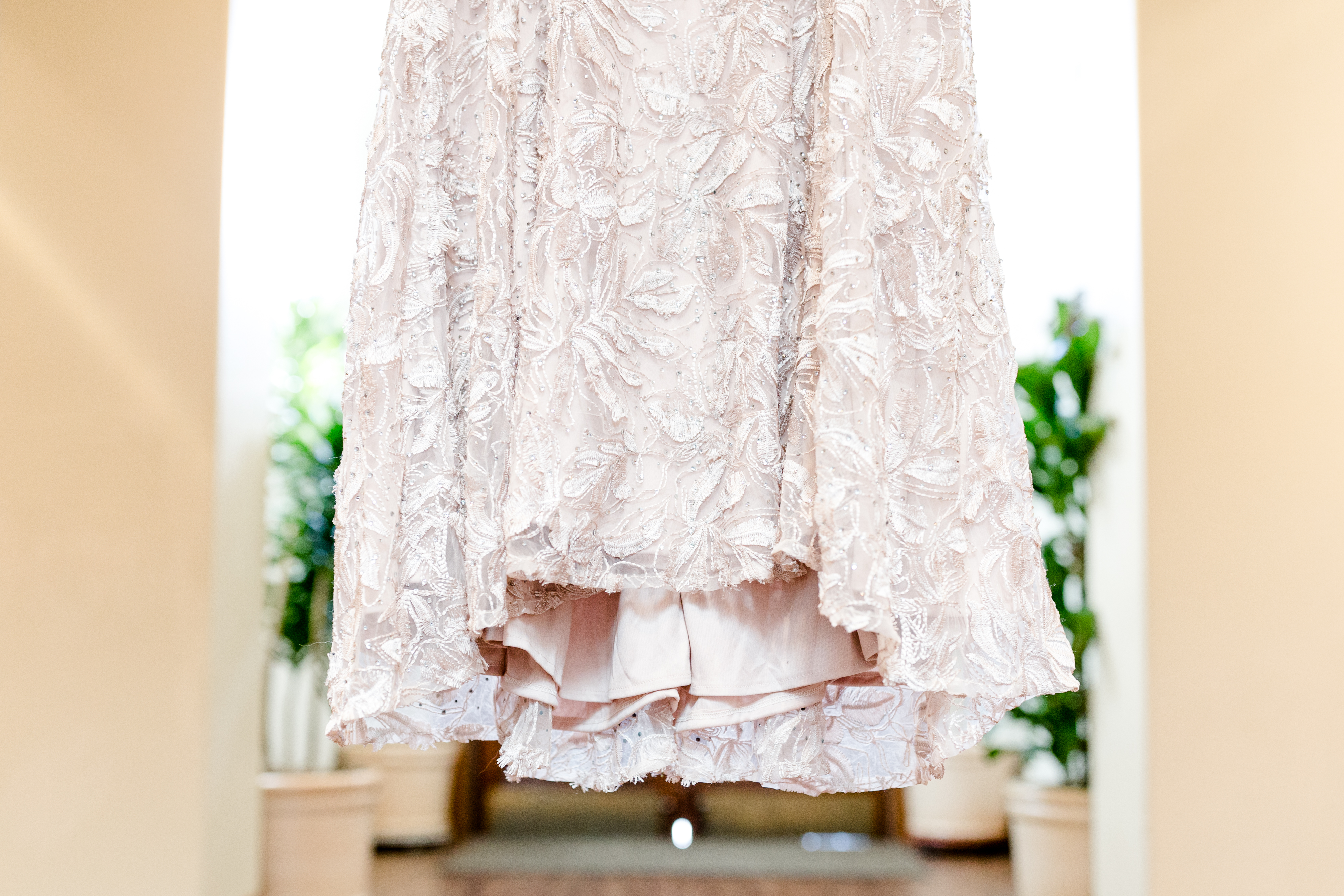 Closeup of vintage rose wedding dress