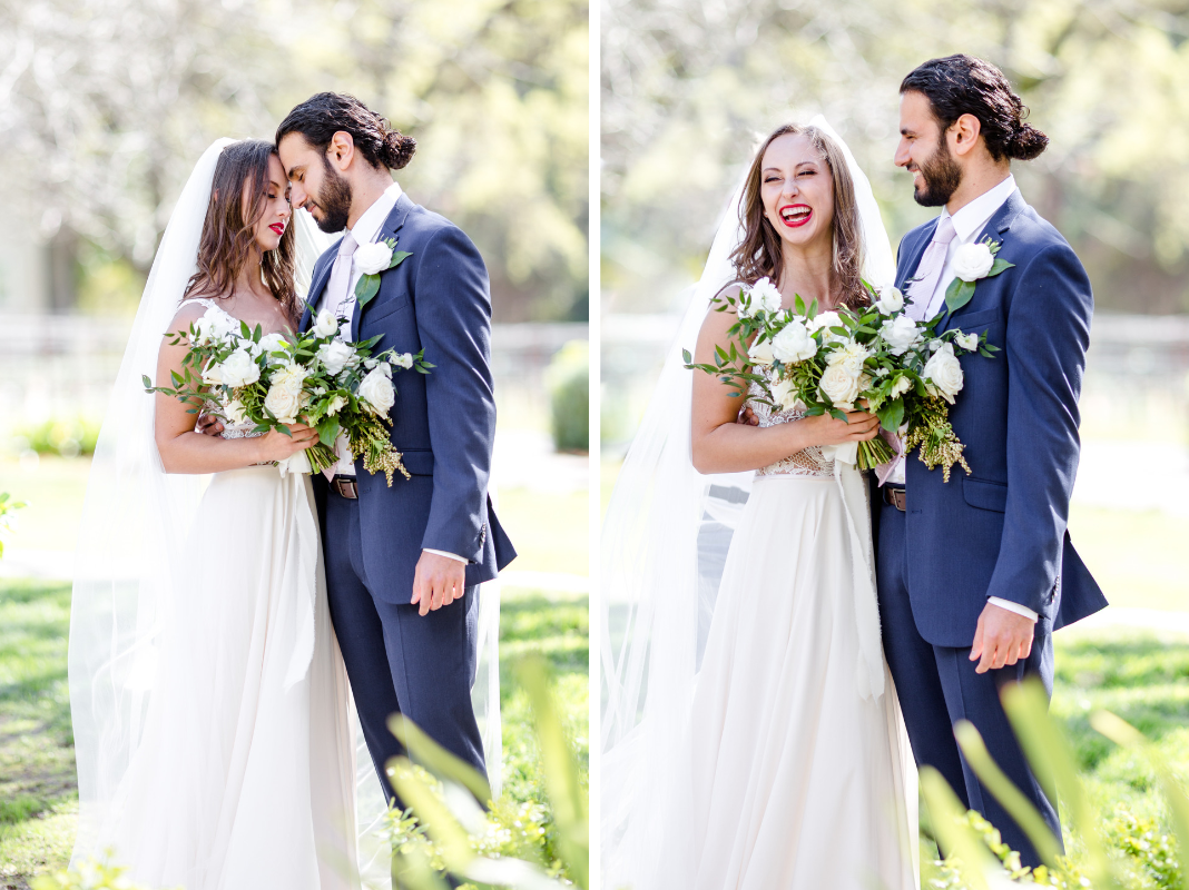 Bride and groom portraits with white floral bouquet