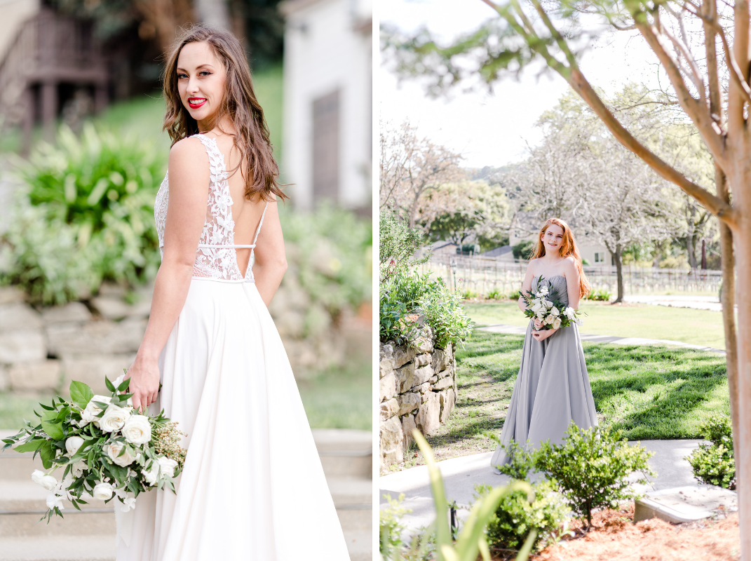 Bride portrait and maid of honor portrait, holding white floral bouquets
