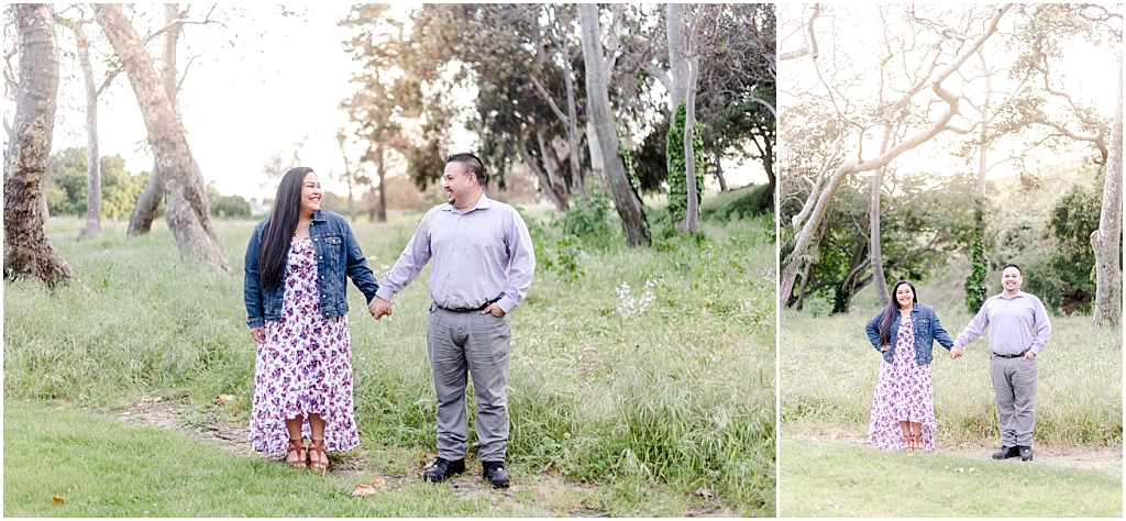 Couple at Vallejo Mills Historical Park near Niles Canyon, golden light sunset with fields of grass and trees in the background