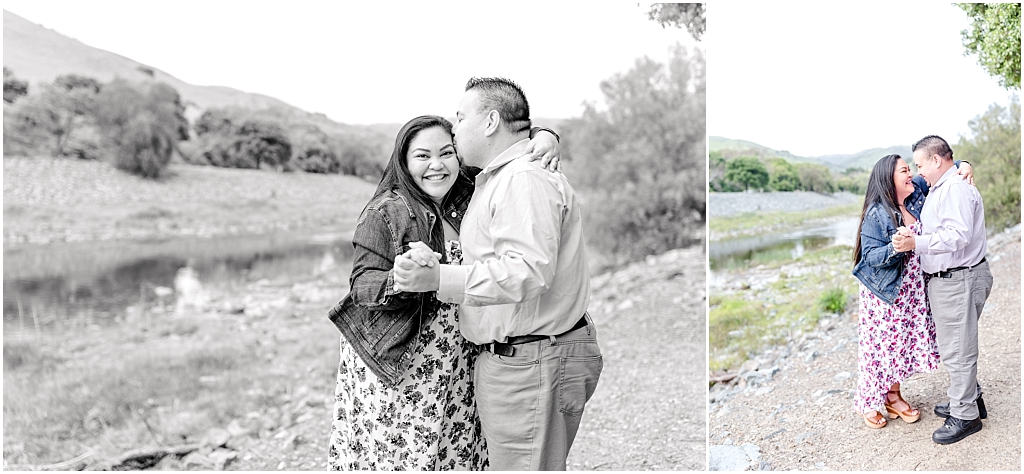 Couple on a trail at Niles Canyon near the staging area, hugging in front of the water