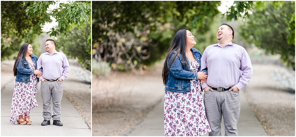 Couple laughing together on a trail at Niles Canyon near the staging area, overhanging trees on the pathway
