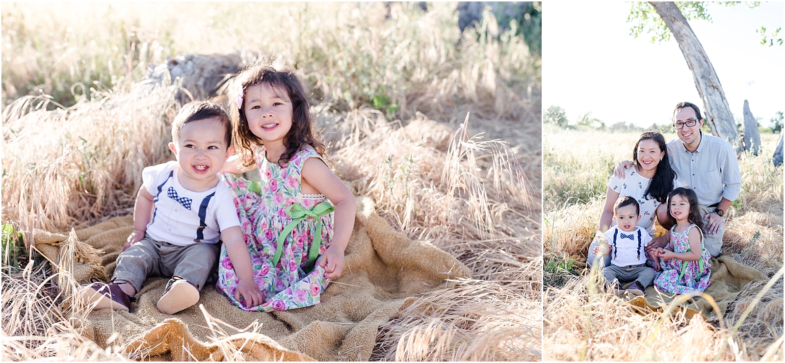 Family photo on the Arroyo Mocho Trail in Livermore, CA: two children sitting on a blanket