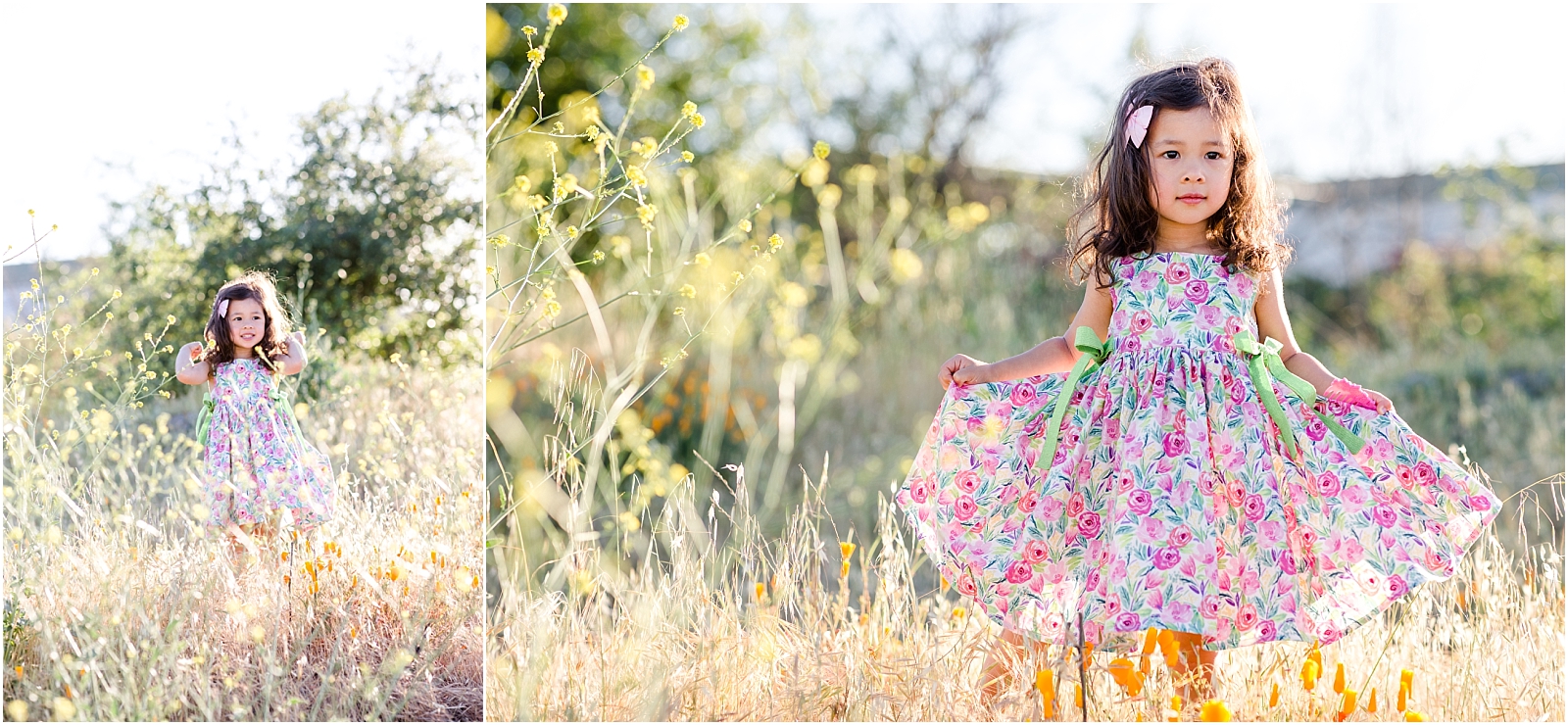 Girl in hand-sewn dress twirling in wildflower field