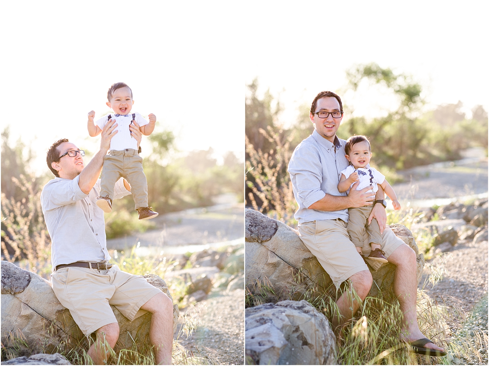 Dad sitting on rock during sunset throwing son in the air