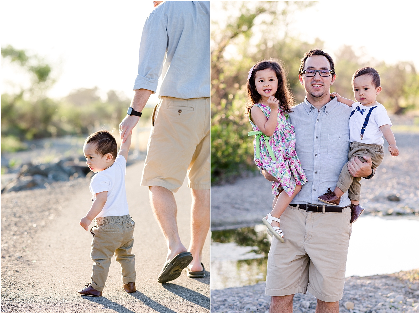 Dad walking with child, dad holding two children