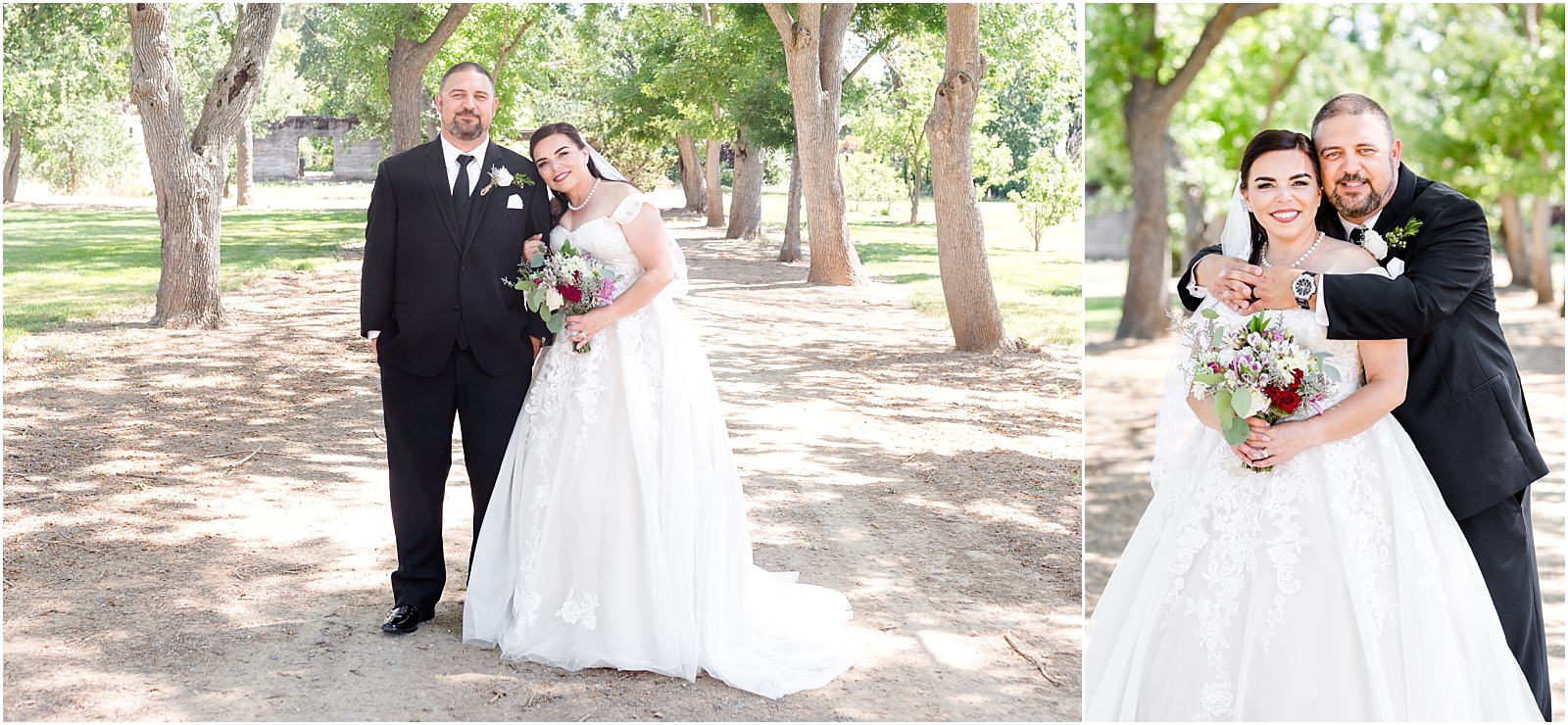 Ravenswood Historic Site wedding day portraits - bride and groom under tree path.