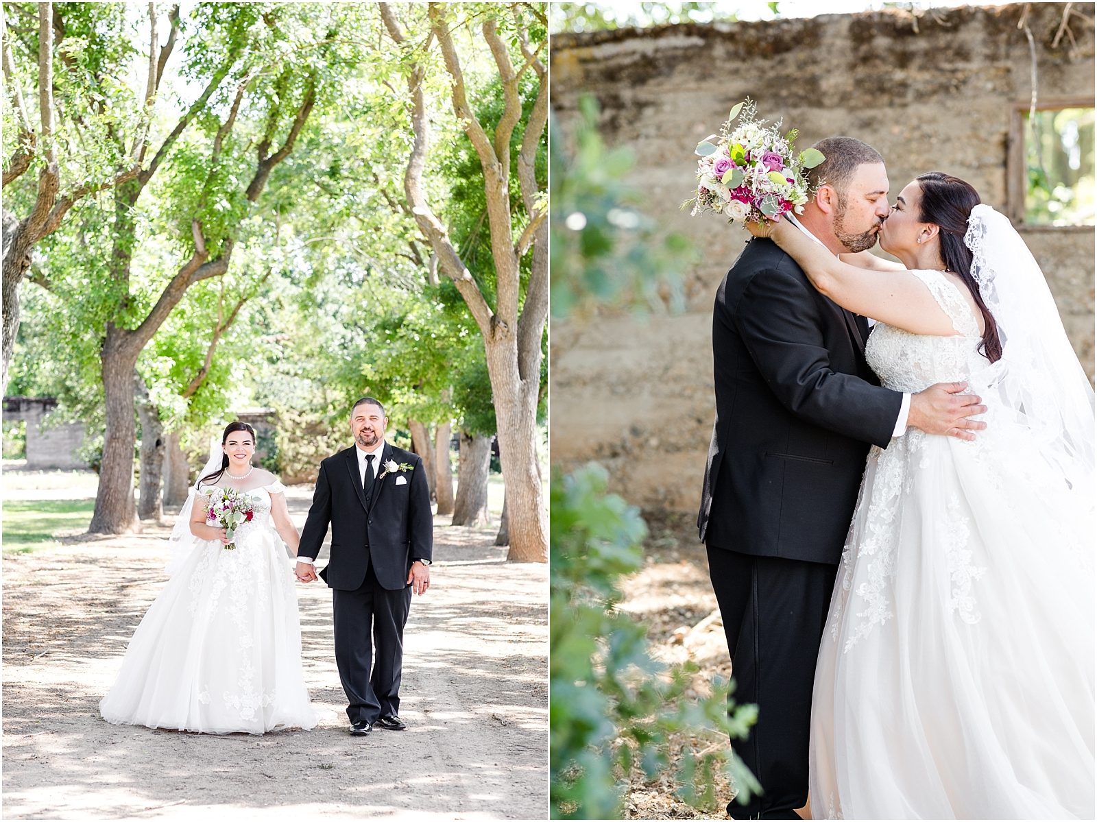 Livermore, CA wedding day portraits at Ravenswood Historic Site. Bride and groom hold hands and kiss.
