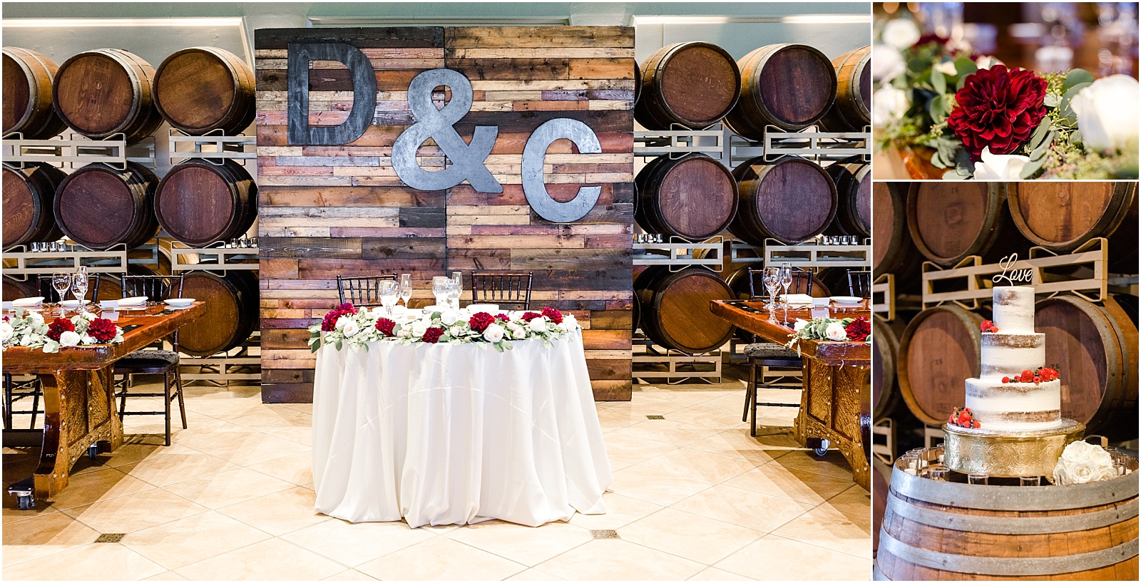 Wedding setup at Palm Event Center in Pleasanton, CA. Head table with wood display, burgundy dahlias, and a strawberry cake.