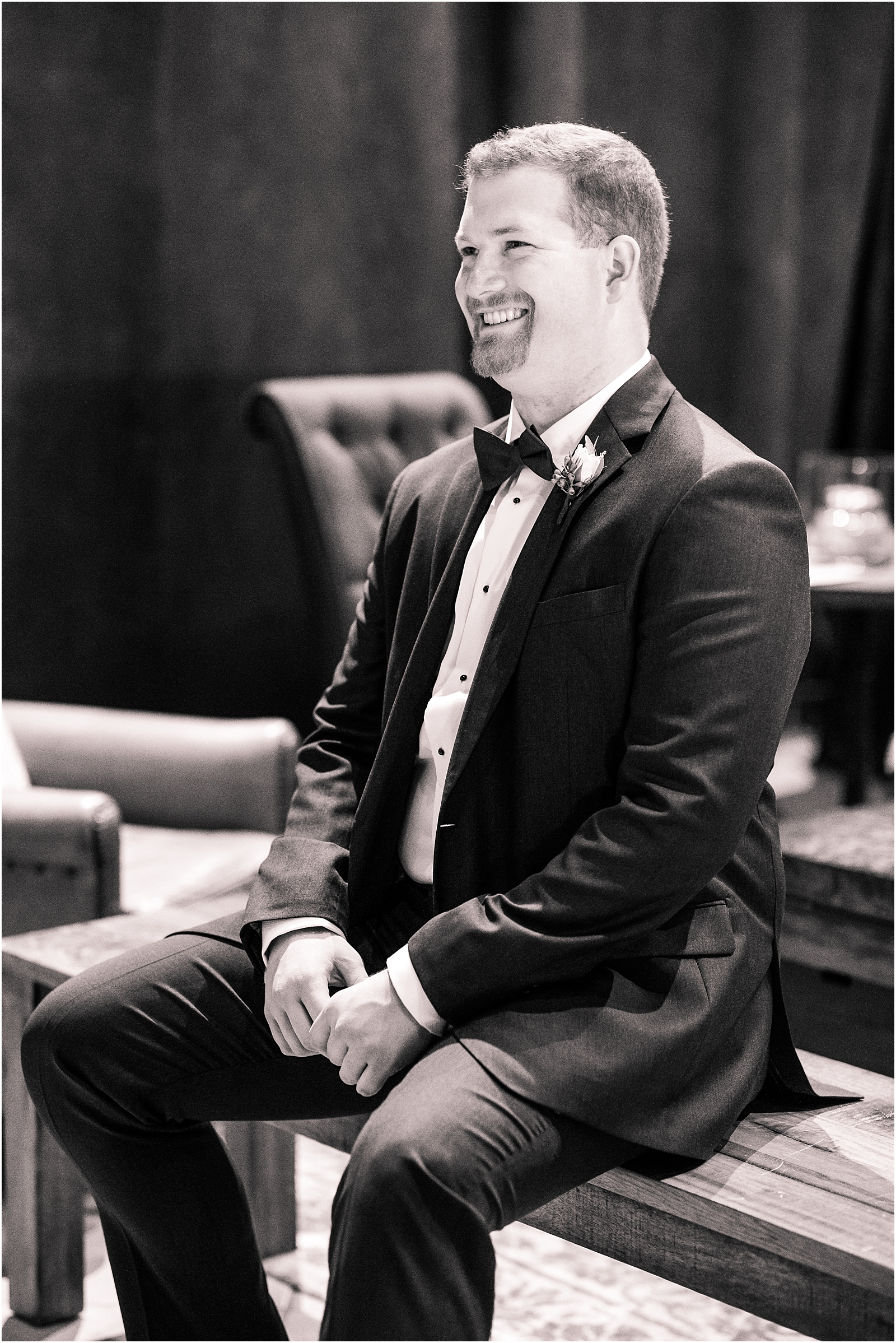 Black and white portrait of groom at Palm Event Center in Pleasanton, CA.