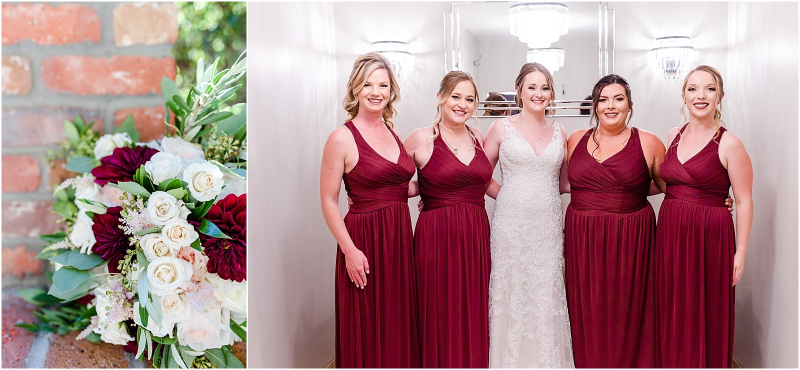 Bride and bridesmaids portraits at Palm Event Center in Pleasanton, CA. Bridal bouquet with burgundy dahlias and white roses.
