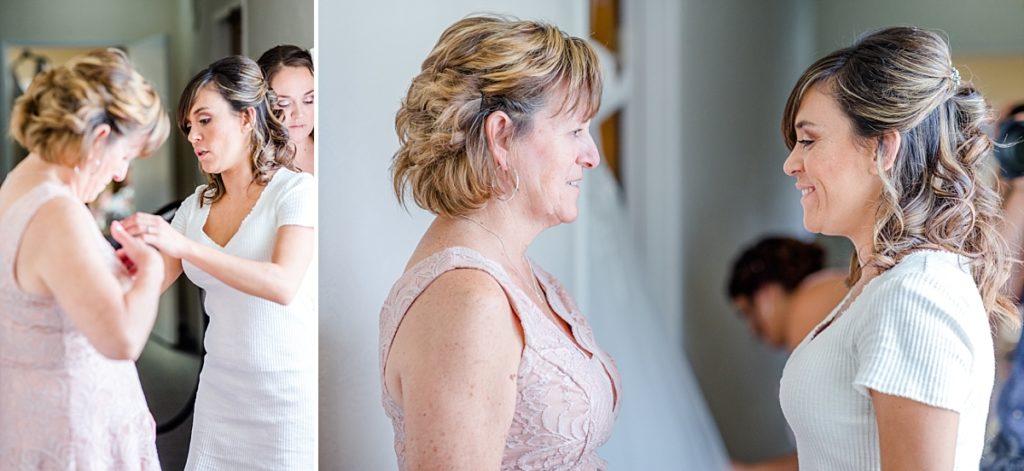Bride helps her mother get ready for a wedding ceremony in the Central Valley of California. Shot by Amber Rivas Photography.