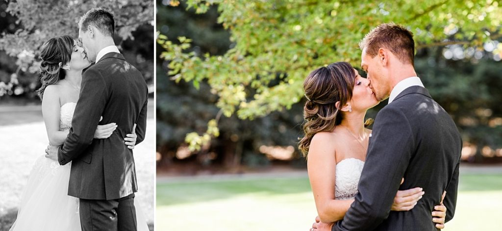 Bride and groom kiss in the church courtyard at Ceres Seventh-day Adventist Church. Shot by Amber Rivas Photography.