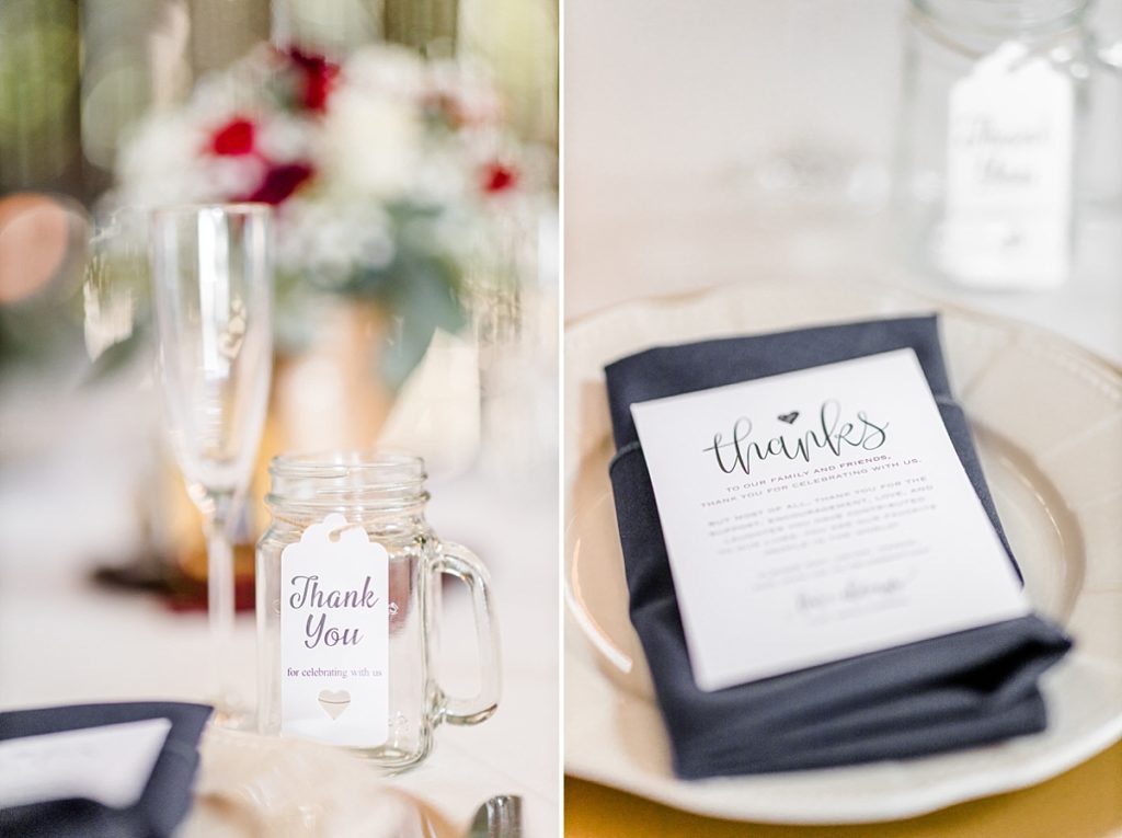 Wedding reception setup. Table setup with gold and white plates and navy napkins. Mason jar thank you gift for the guests.