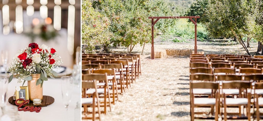Wedding decorations setup at The Orchard in Watsonville, CA. Table with rose centerpiece. Ceremony aisle leading to the arch with hay bales under it.