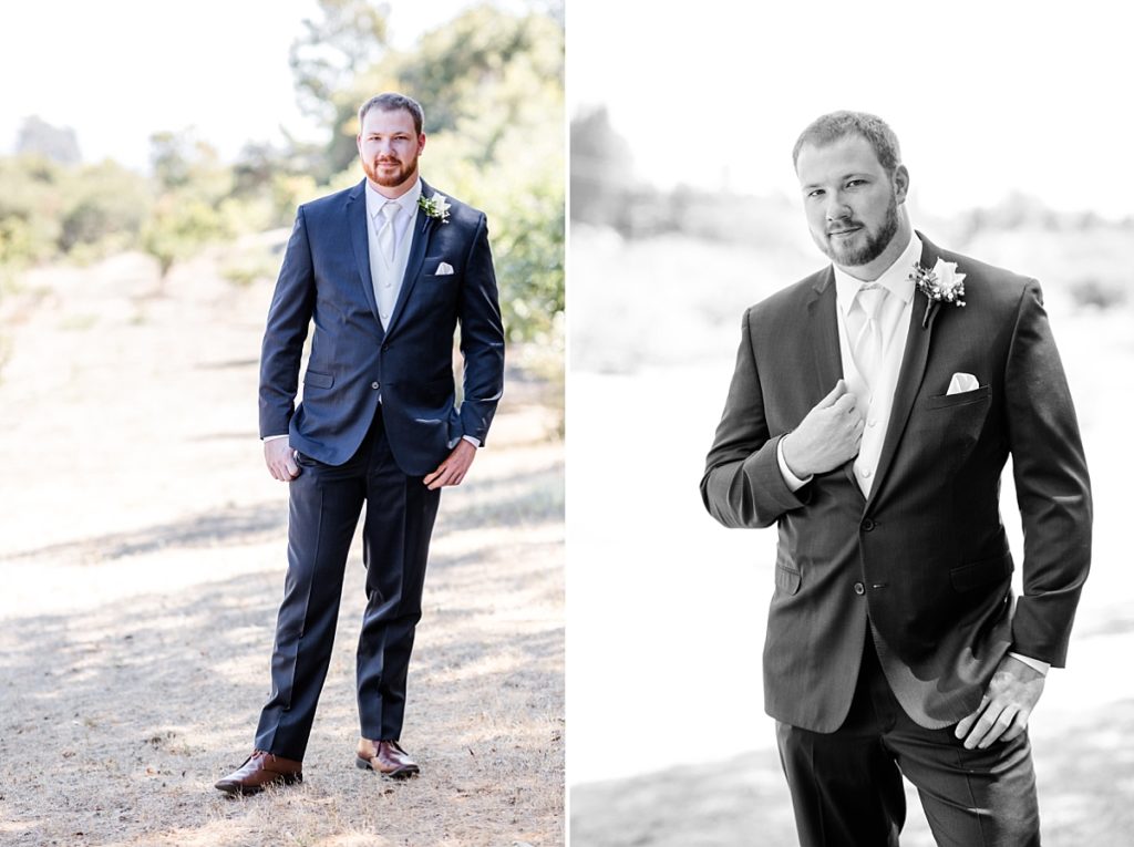 Groom portrait outside. Full body shot in color and upper body shot in black and white.