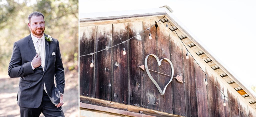 Groom portrait. Photo of the top of the barn with a metal heart decoration and stringed lights.