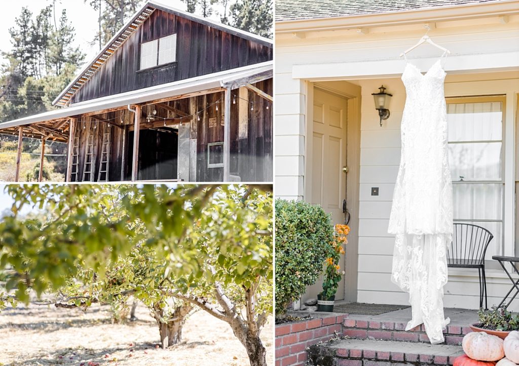 Scenery at The Orchard in Watsonville, CA. Barn, orchard views, and bride's gown hanging from the eave of the house.