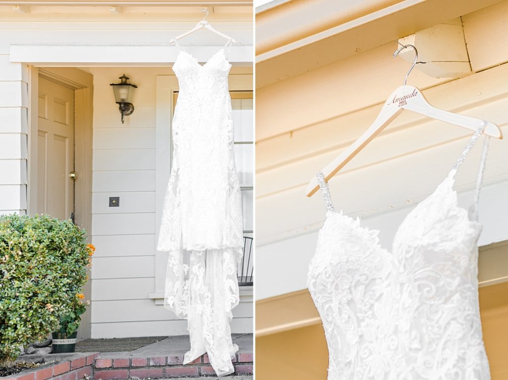 Bride's gown hanging from the eave of the house.