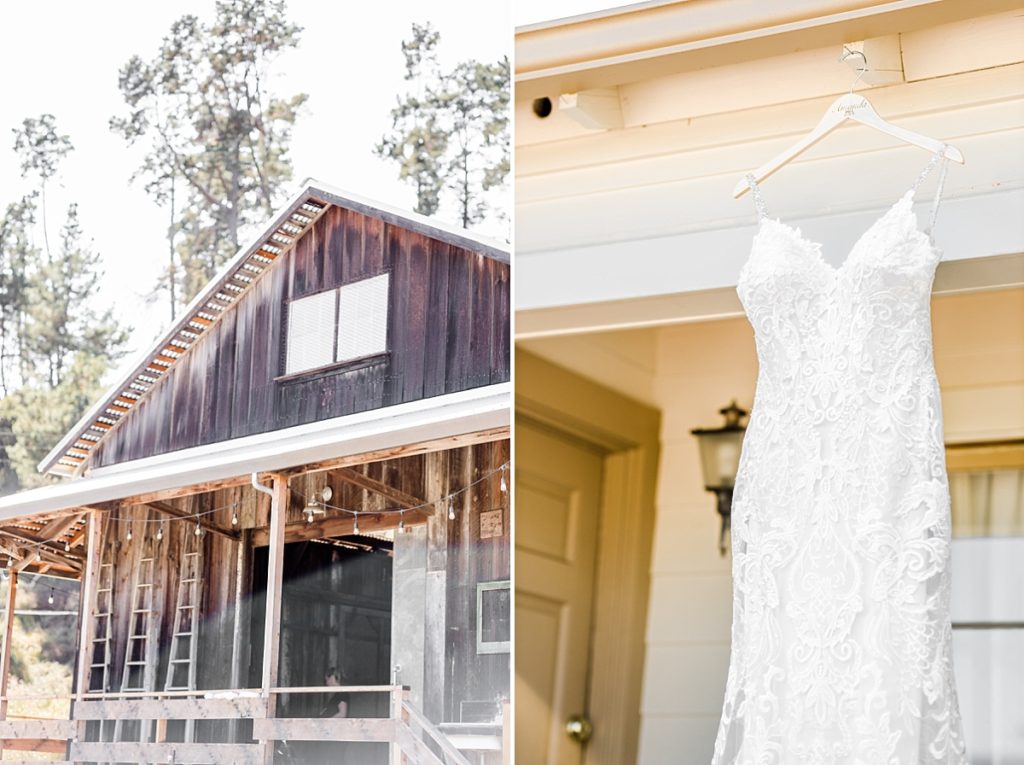Scenery at The Orchard. Barn and bride's gown hanging from the eave of the house.