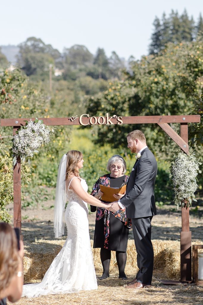 Bride and groom hold hands at wedding ceremony at The Orchard in Watsonville, CA. Apple trees in the background, and grandma officiates the ceremony.