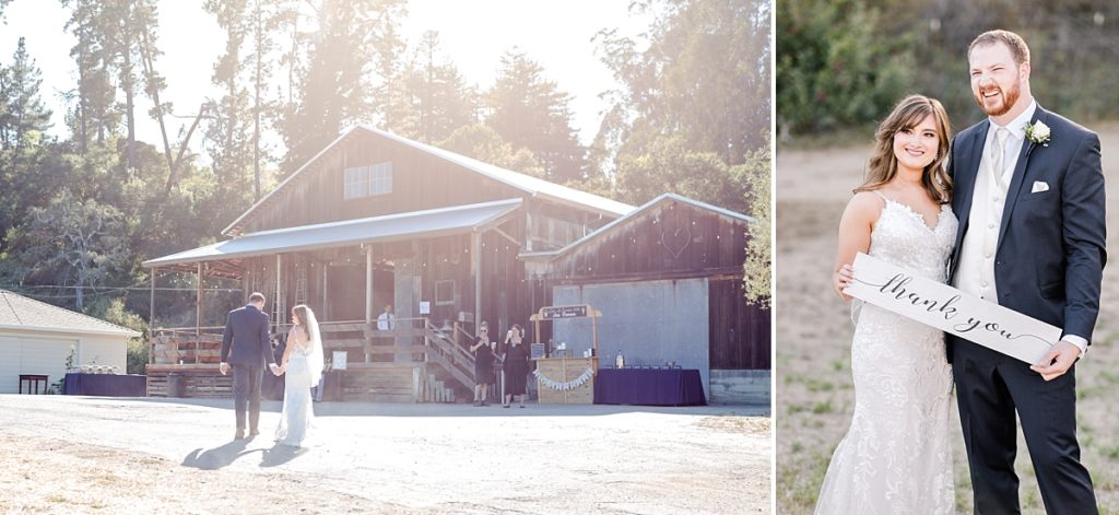 Bride and groom walk towards the barn during golden hour. 