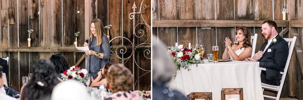 Groom's mother gives speech during wedding reception, bride and groom clap and laugh.