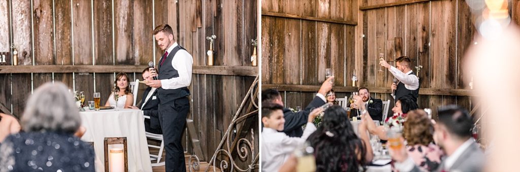 Best man gives speech during wedding reception, raises glass to toast.