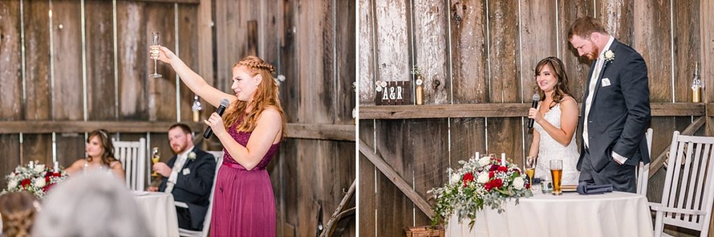 Bridesmaid gives speech during wedding reception, raises glass to toast. Bride and groom thank their guests.