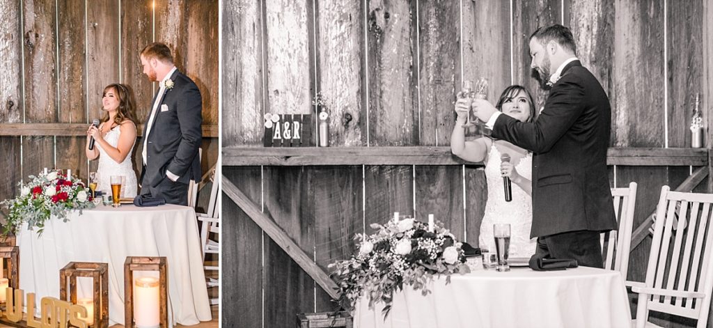Bride and groom thank their guests and raise glasses to toast.