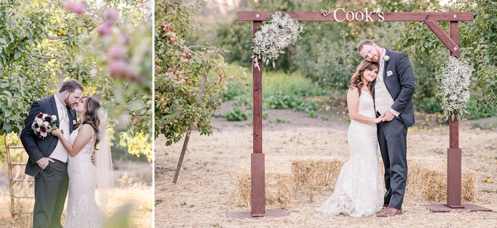 Bride and groom under their wedding arch in the apple orchard at The Orchard in Watsonville, CA.