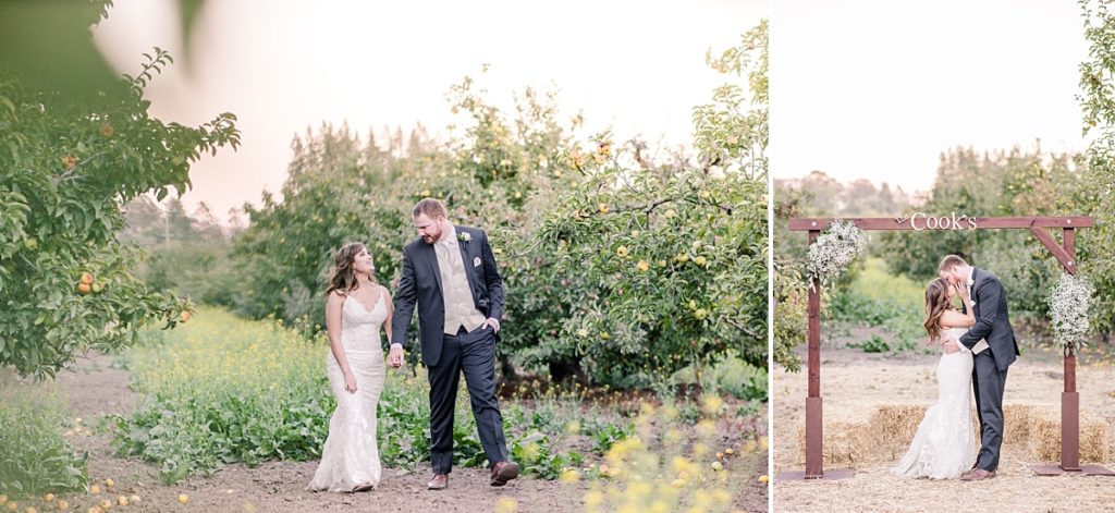 Bride and groom kiss in the apple orchard at The Orchard in Watsonville, CA.