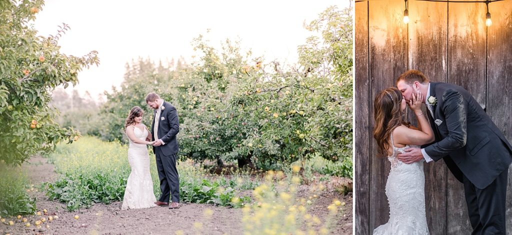 Bride and groom kiss behind the barn in Watsonville, CA at The Orchard.