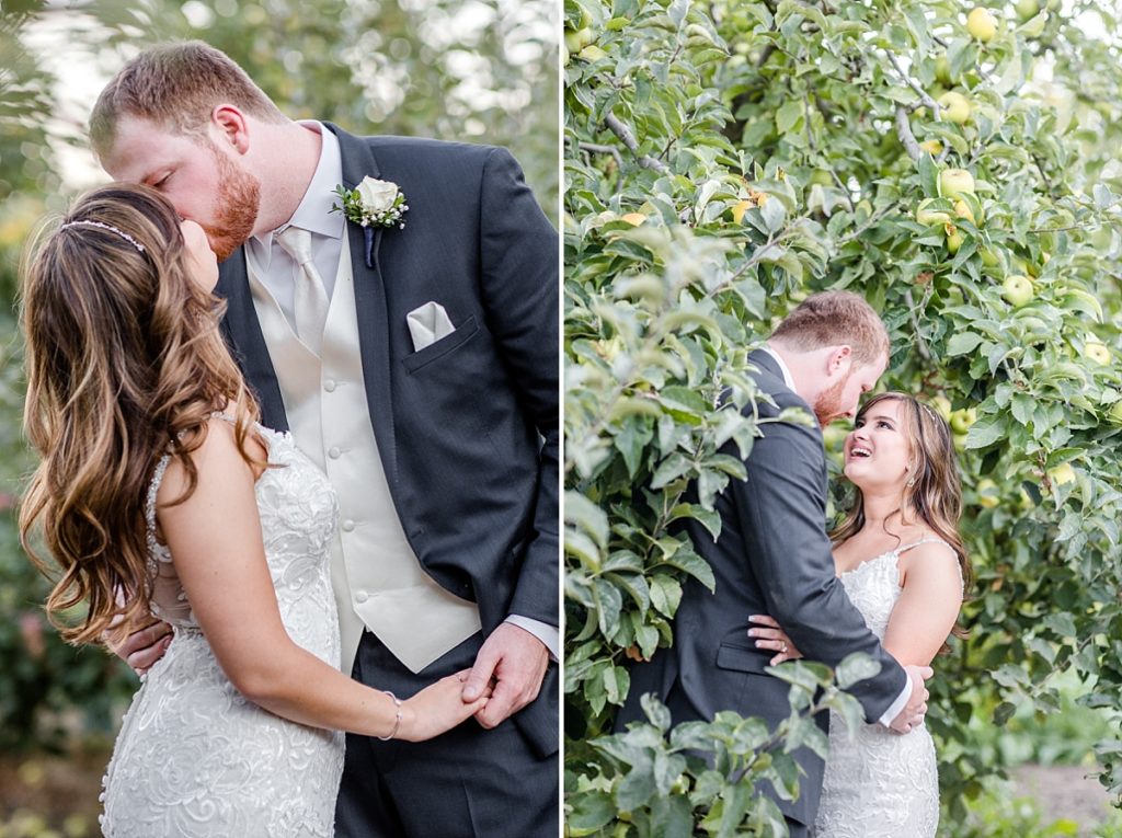 Bride and groom surrounded by apple trees in Watsonville, CA at The Orchard.