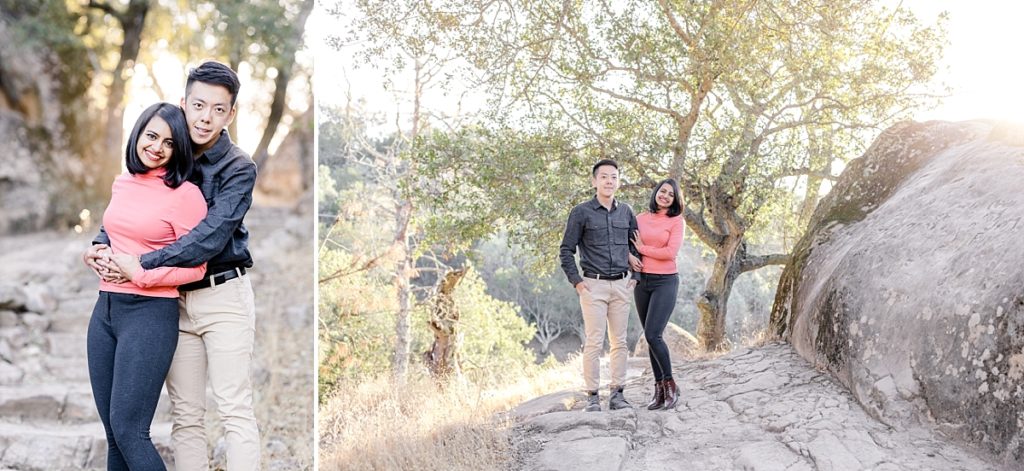 Couple photos at Mt Diablo engagement session. Couple standing in front of tree lit by sunlight.