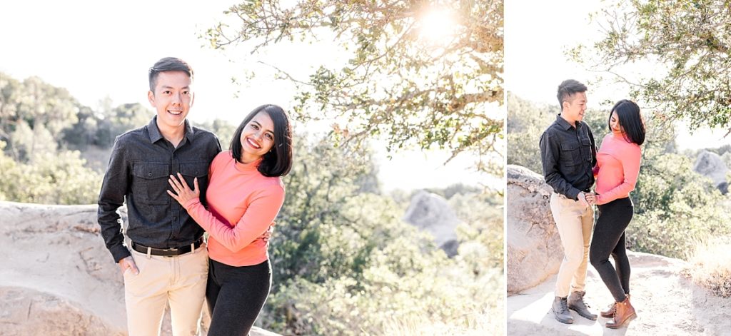 Mt Diablo engagement session by Livermore photographer. Couple laughing with sunset glow in the background.