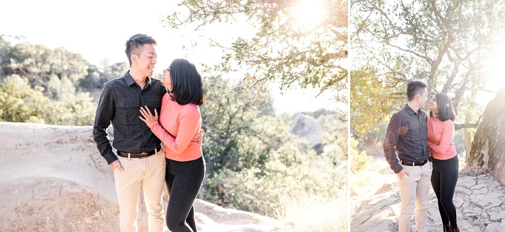 Engagement photos, couple laughing with each other.