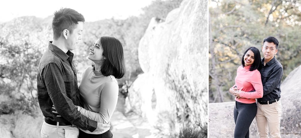 Couple photos taken during golden hour. Black and white shot with couple looking at each other.