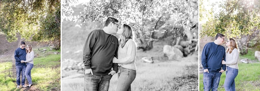 Engaged couple kiss under a tree at Del Valle in Livermore, CA.