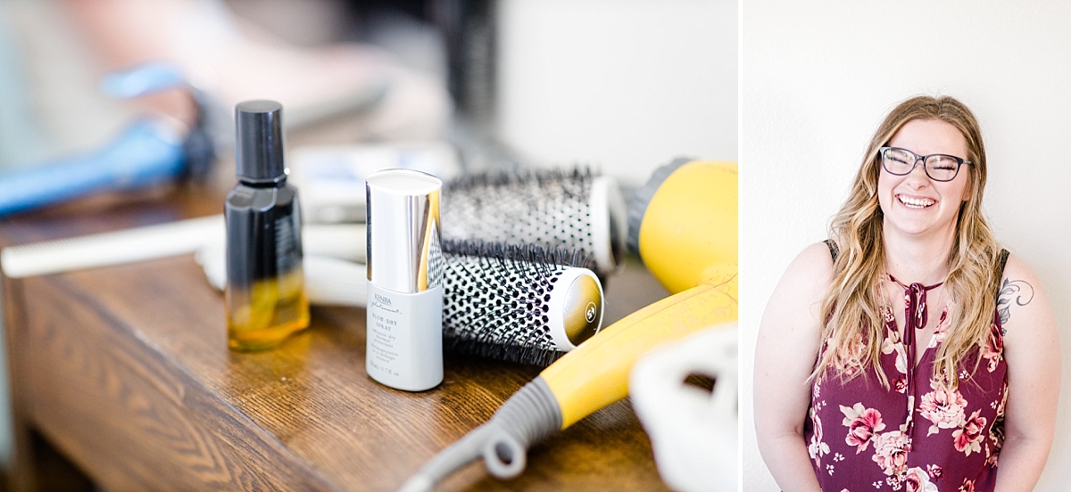 Hair styling supplies and hair stylist head shot