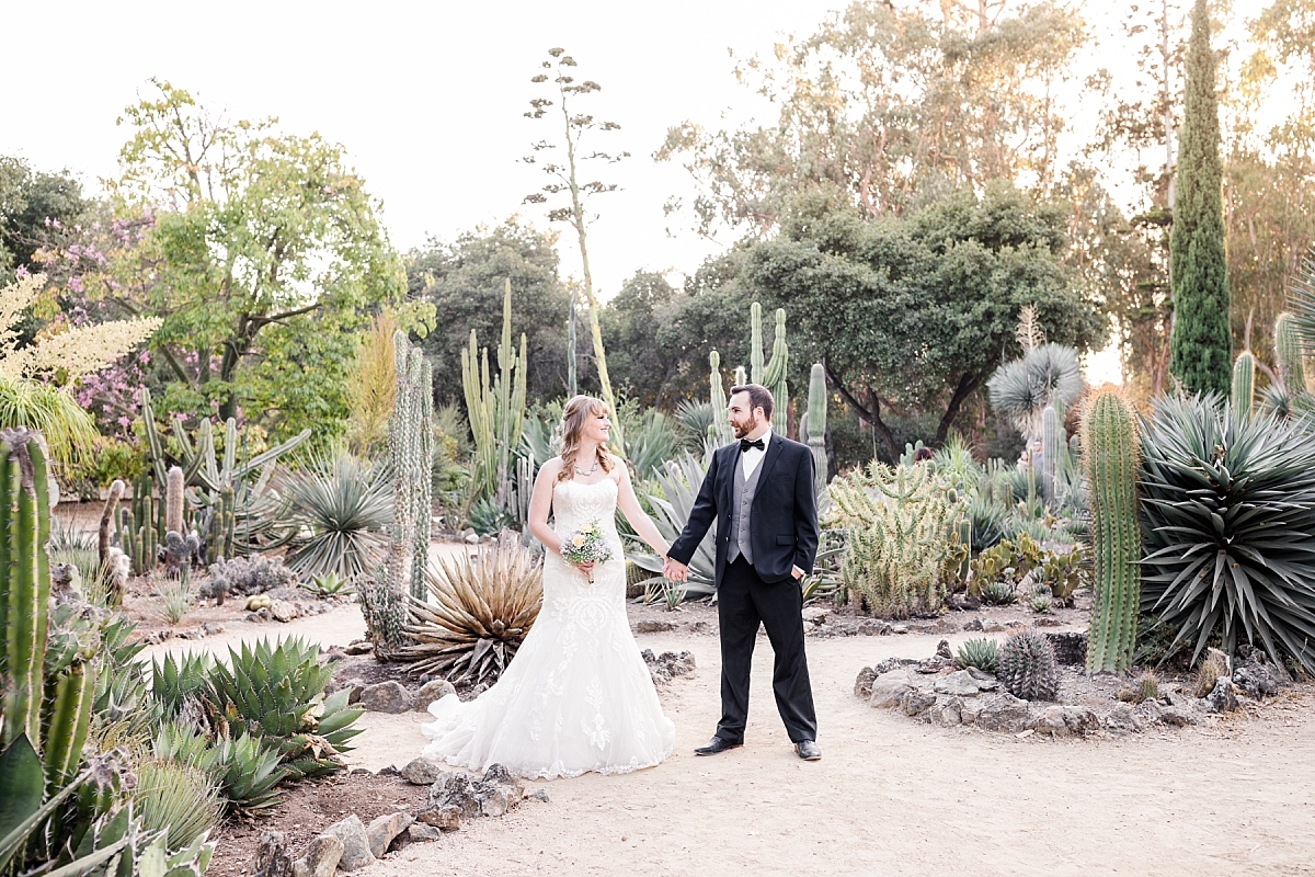 Bride and groom hold hand and look at each other in the middle of the Arizona Cactus Garden in Stanford, CA.