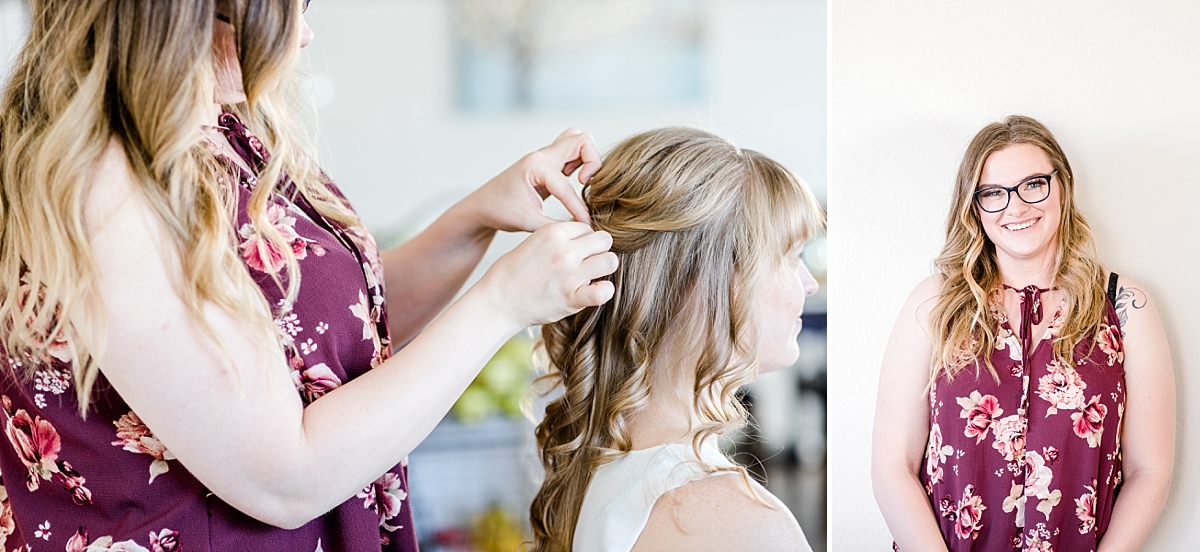 Bride getting hair done for styled shoot at the Arizona Cactus Garden.