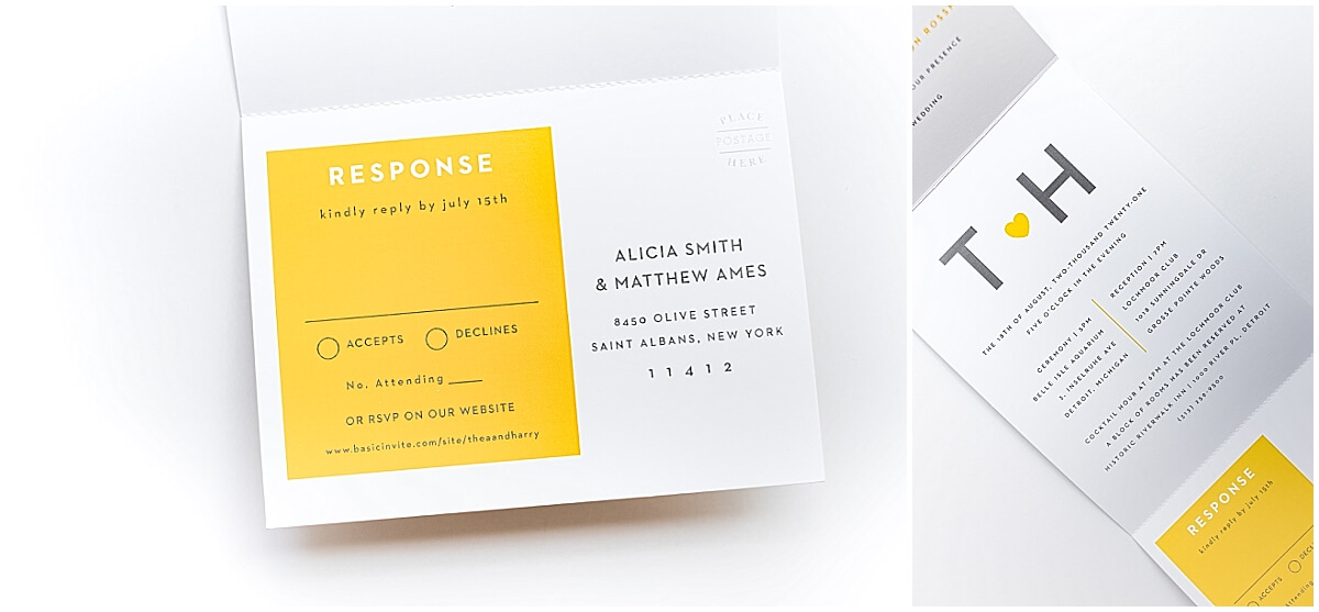 Modern yellow fold-out wedding invitation with RSVP card