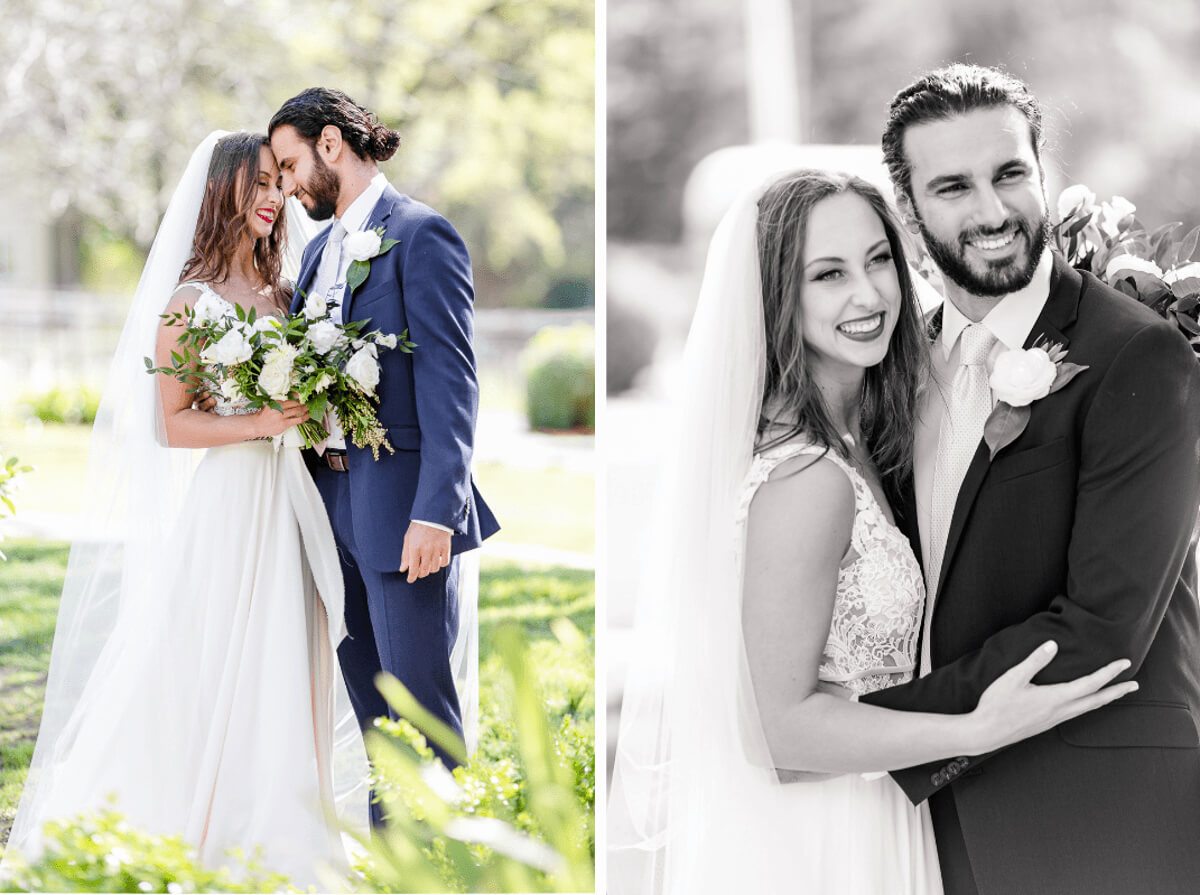 Bride and groom portraits with white floral bouquet