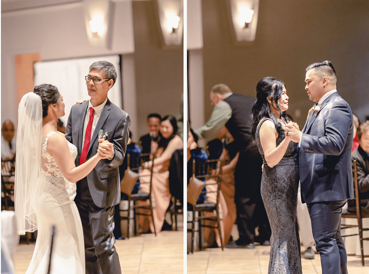 Bride and groom share a first dance with their parents during their Palm Event Center winter wedding