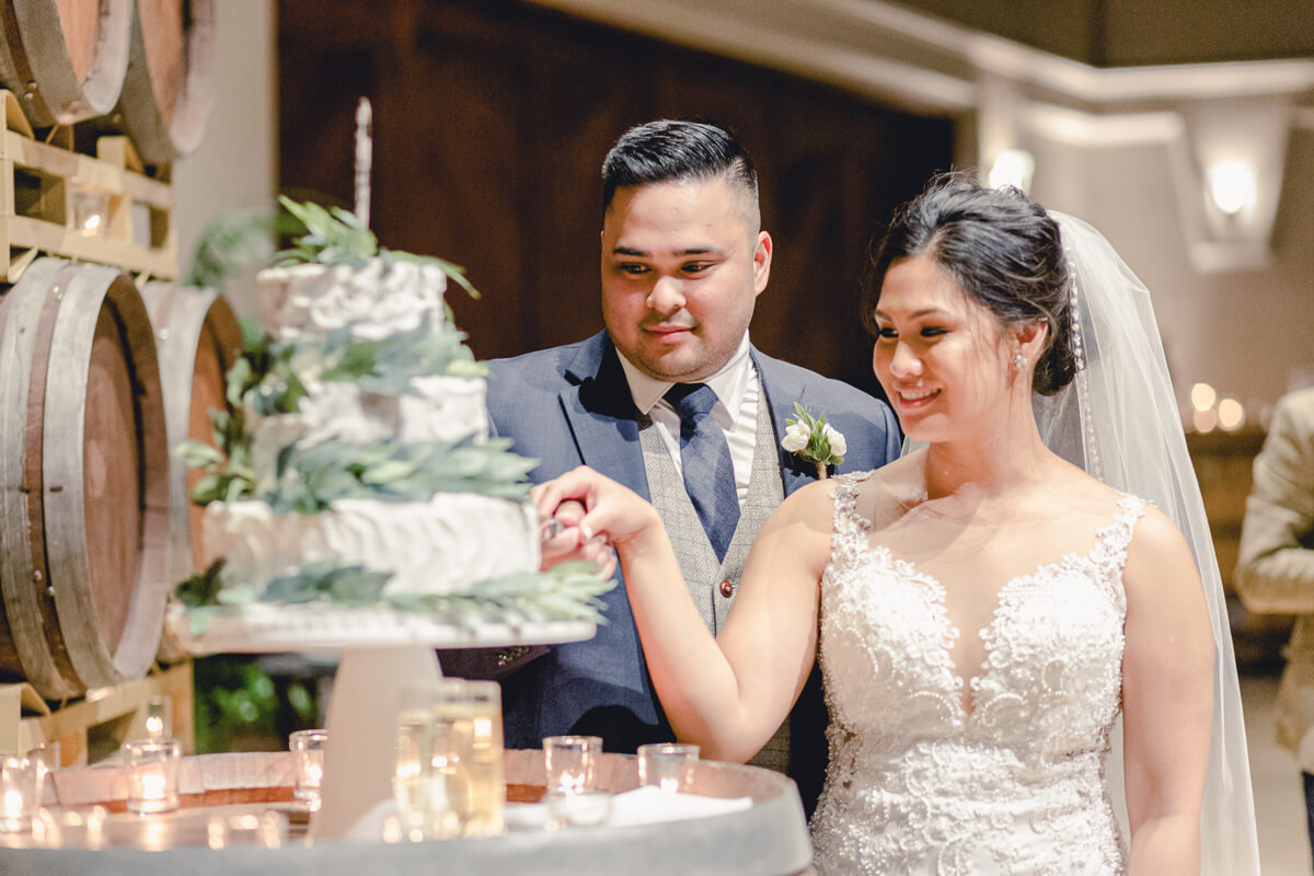 Bride and groom cut the cake at their Palm Event Center reception