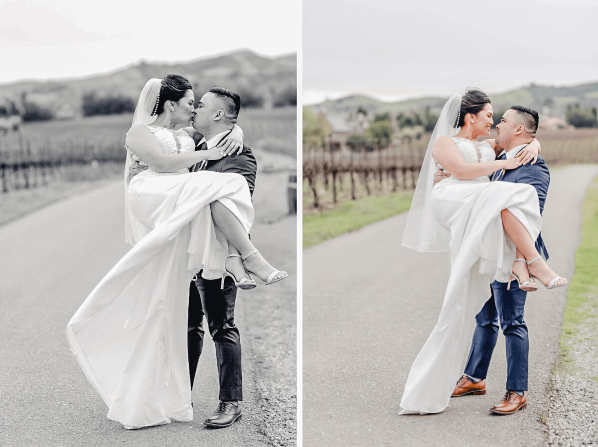 Groom holds bride as they kiss at their winter wedding