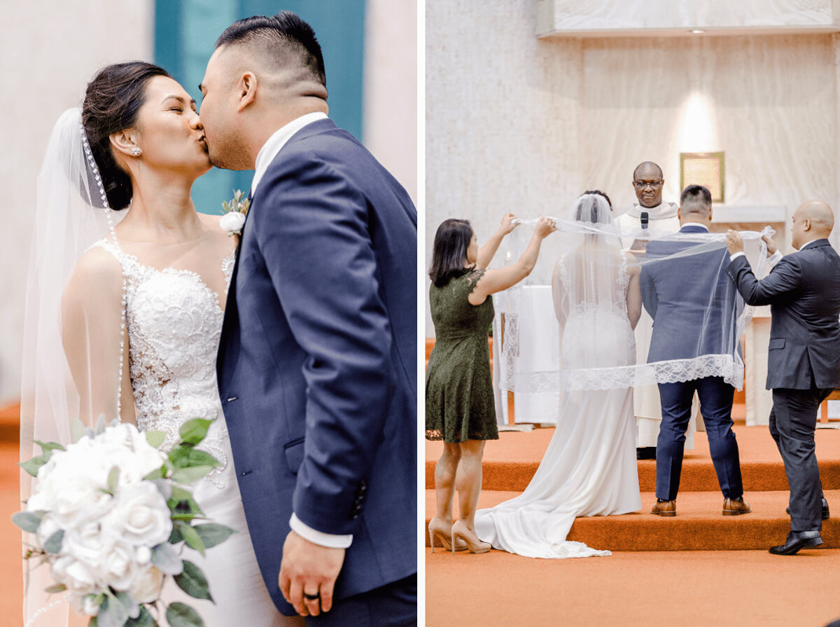 Catholic wedding ceremony, bride and groom kiss