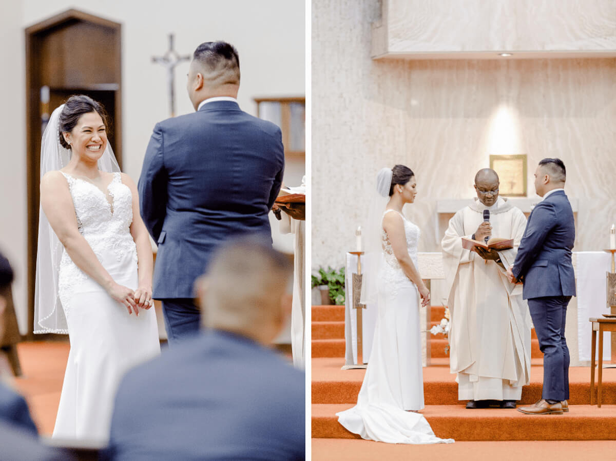 Catholic wedding ceremony, bride laughs at groom during homily